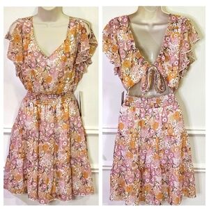 Emerald Sundae Blush Pink/Gold Floral Back Tie Cut-Out Mini Dress,Large,NWT